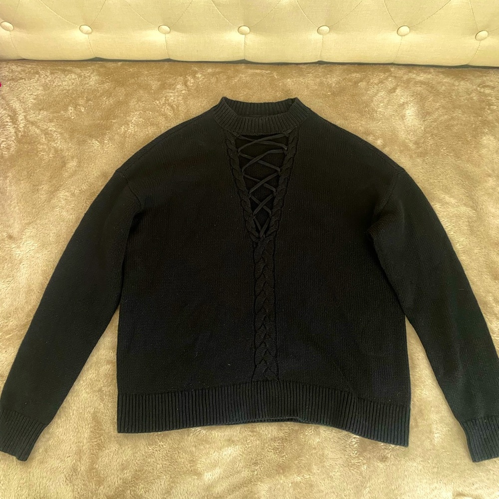 Kendall & Kylie Black Lace-Up Black Sweater